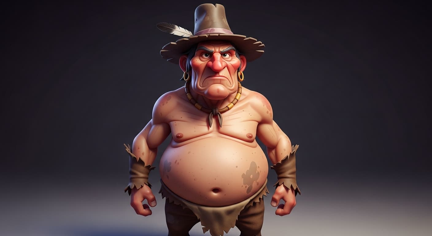 AI generated: A fat, pot-bellied older man, a 3D cartoon type, with a serious expression. He has pronounced indige...