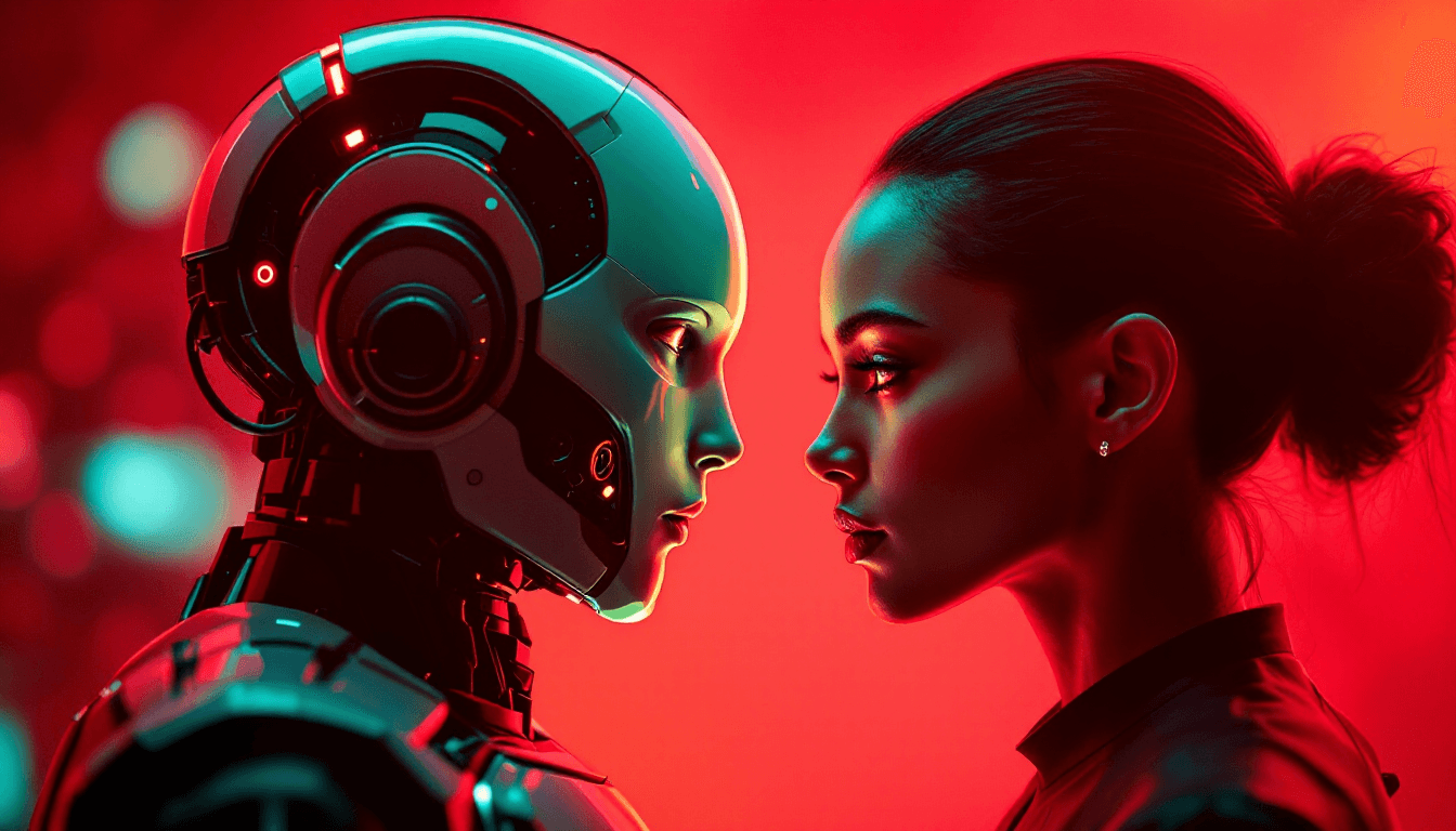 AI generated: Futuristic portrait, human and robot face-to-face, profile view, cyberpunk aesthetic, red and green ...