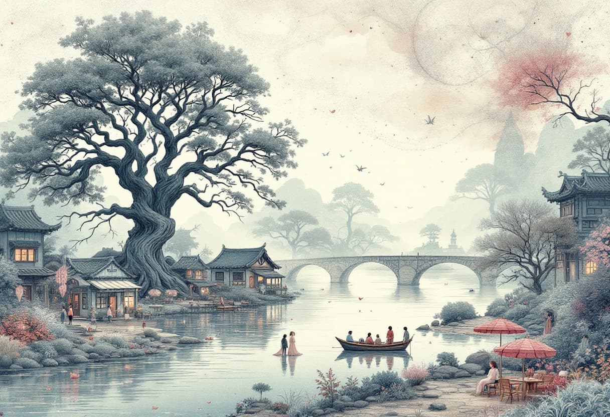 AI generated: picturesque scene featuring a large tree beside a river, traditional buildings, and a charming café ...