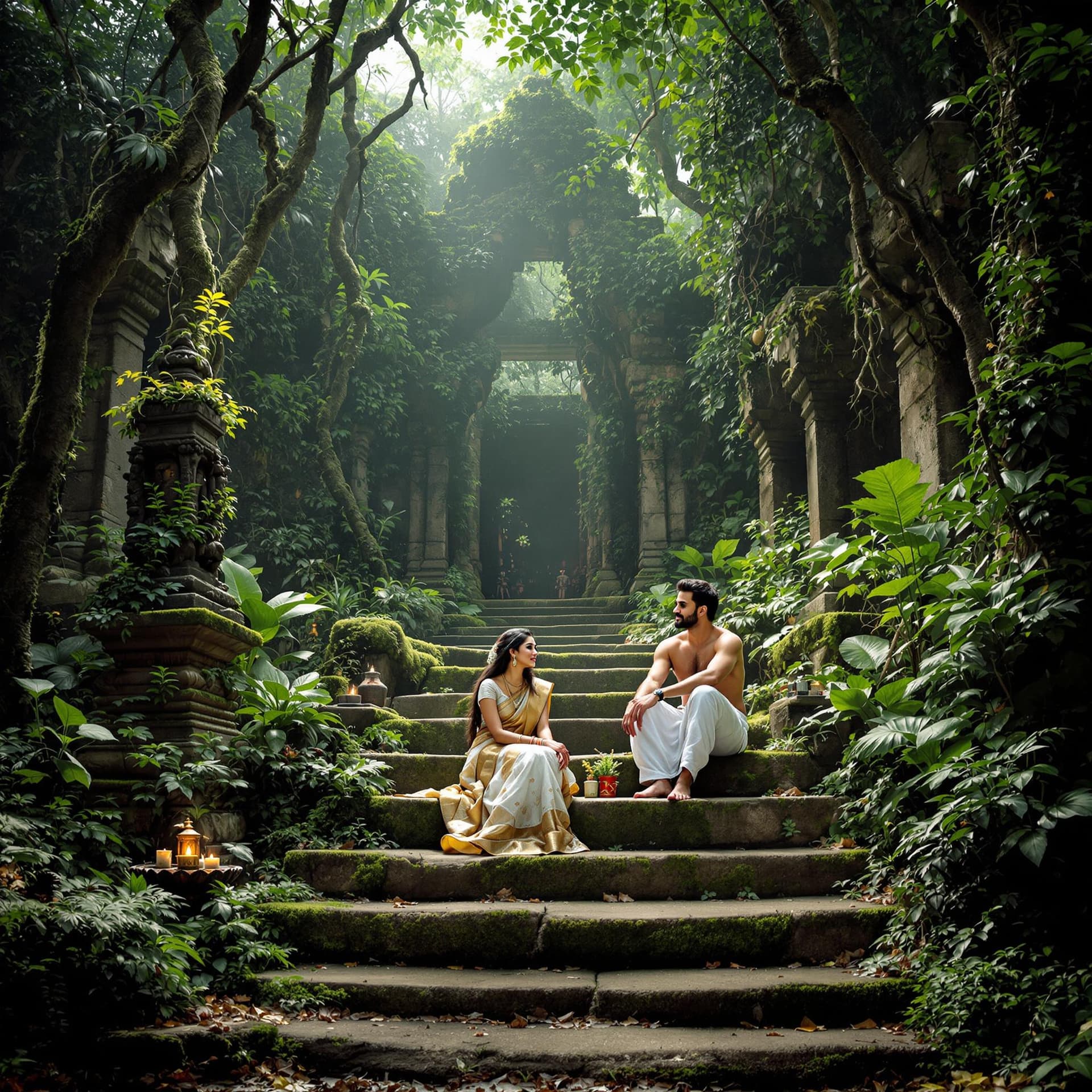 AI generated: Create a serene scene set in an ancient, overgrown temple in a dense forest. A man and woman, dresse...