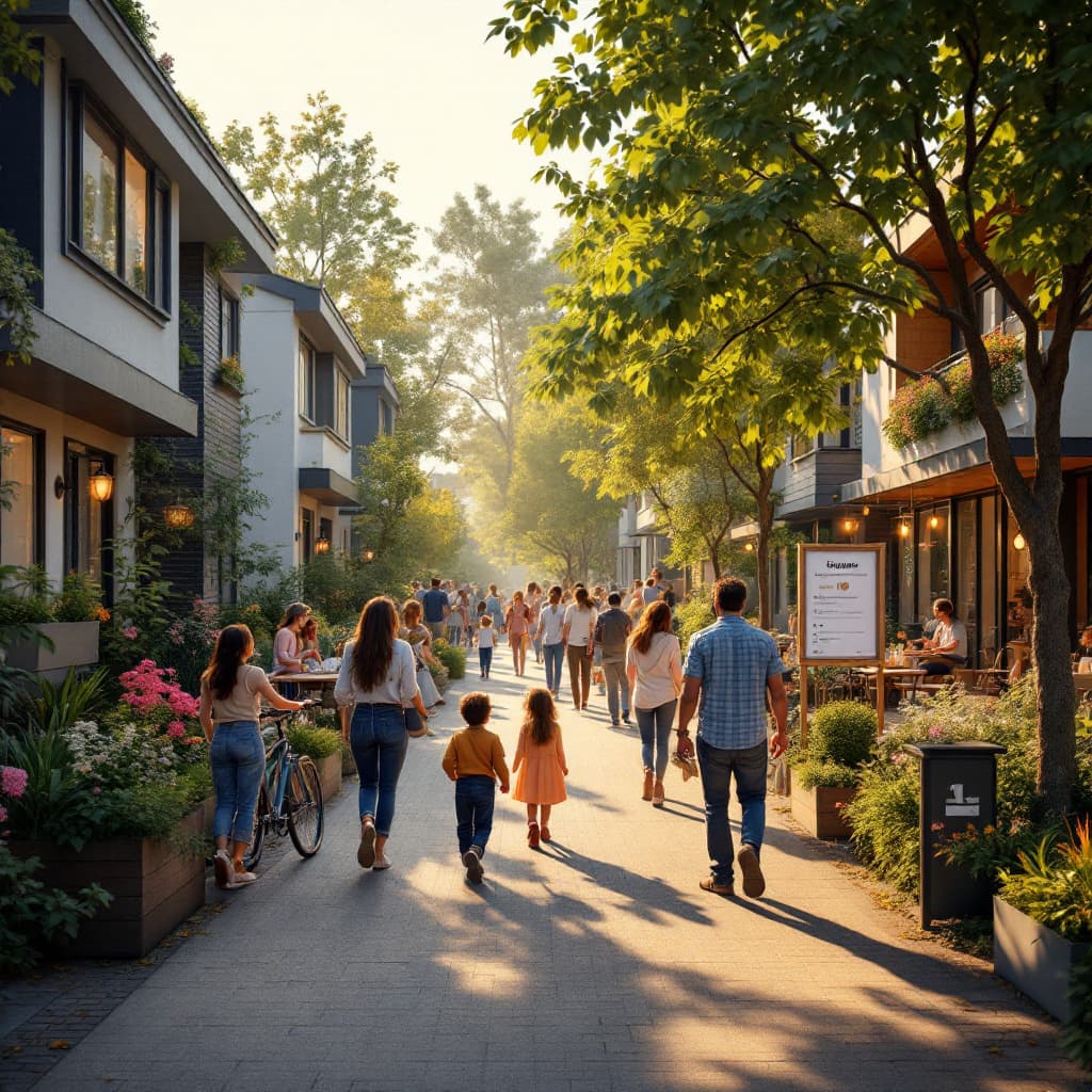 AI generated: A warm, photo-realistic image of a vibrant neighbourhood where people feel at home. The scene shows ...