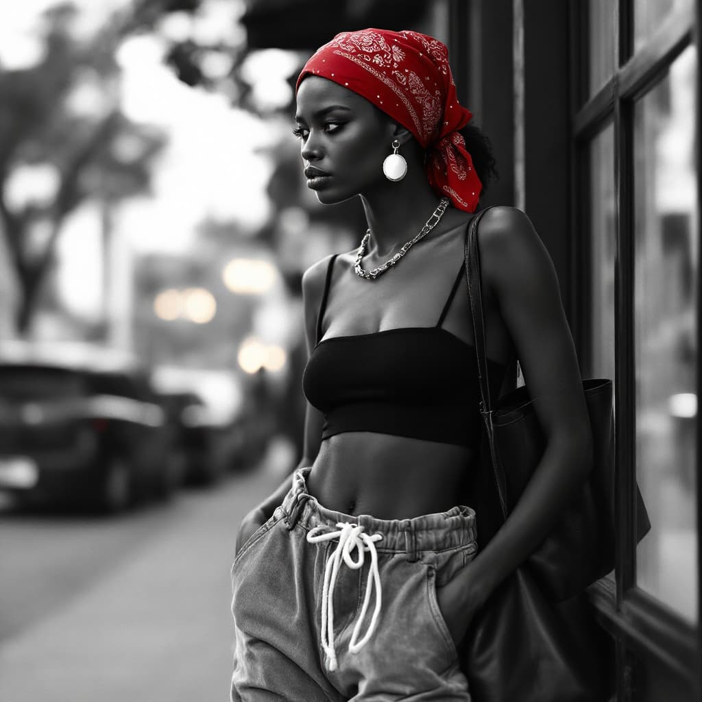 AI generated: black and white photography, Y2K Street Fashion full body photo of a 24 year old Danish-Cree female ...