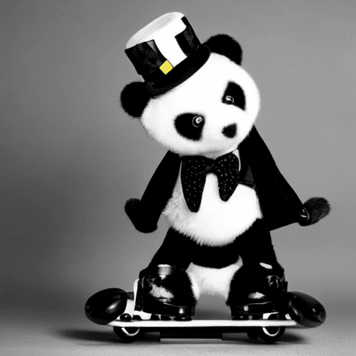 AI generated: a black and white panda wearing a black bowler hat, a tartan bow tie  and roller skates, 
