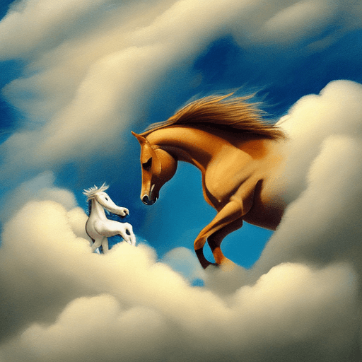 AI generated: horse with baby horse. clouds. heavens. running in clouds. baby horse is running after adult horse. ...