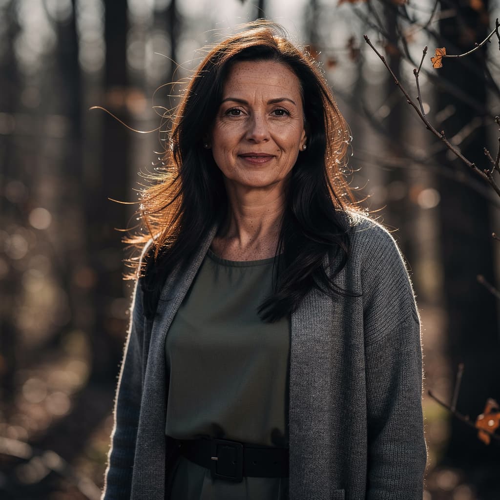 AI generated: cinematic image with dark shadows and high contrast,

A middle-aged woman with long, dark brown hair...