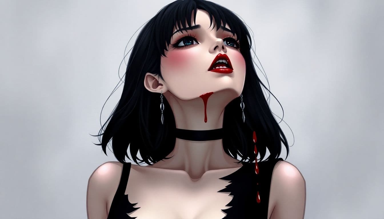 AI generated: a digital illustration of a woman with dark hair and pale skin, wearing a black dress with a choker ...