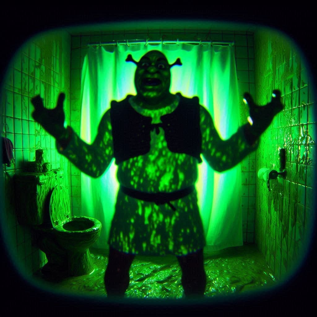 AI generated: vista despaldas, Shrek proyectado haciendo cosas extrañas y sin sentido dentro de un baño casero, de...