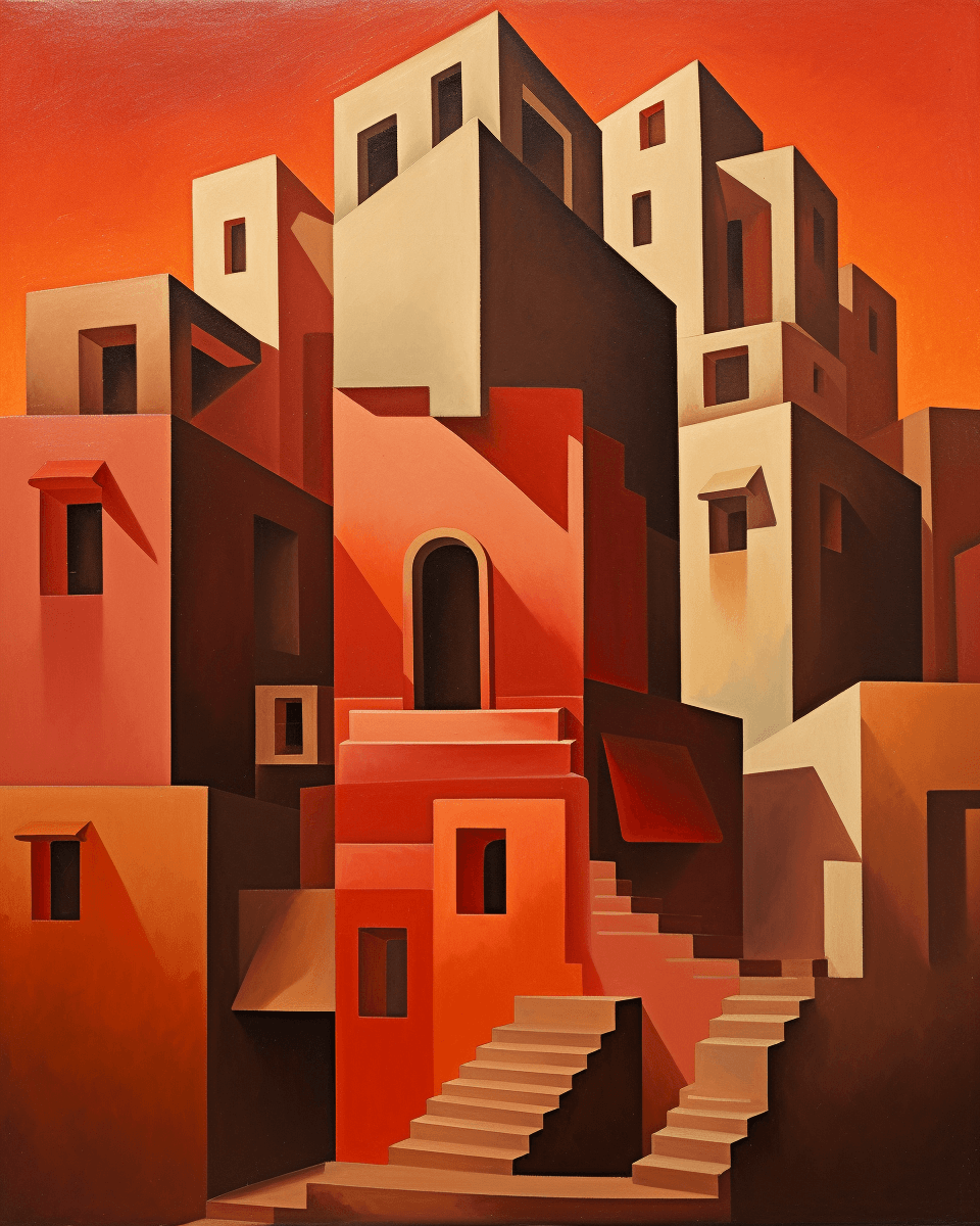 AI generated: Gustave Baranger painting of cubist buildings, with a terracotta color scheme featuring dark brown a...