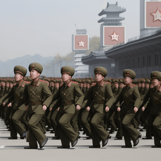 AI generated: North Korean soldiers march through the streets of Pyongyang, North Korea