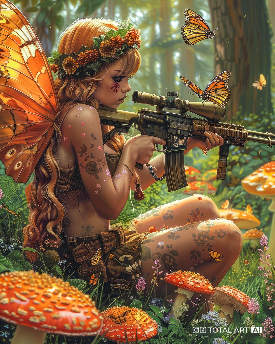 AI generated: Side view, in full growth, a young beautiful European fairy sits on the grass in a fairy-tale forest...