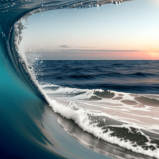 AI generated: view from the surface of a slow wave (with no spray), in an empty calm ocean, a distant horizon, and...