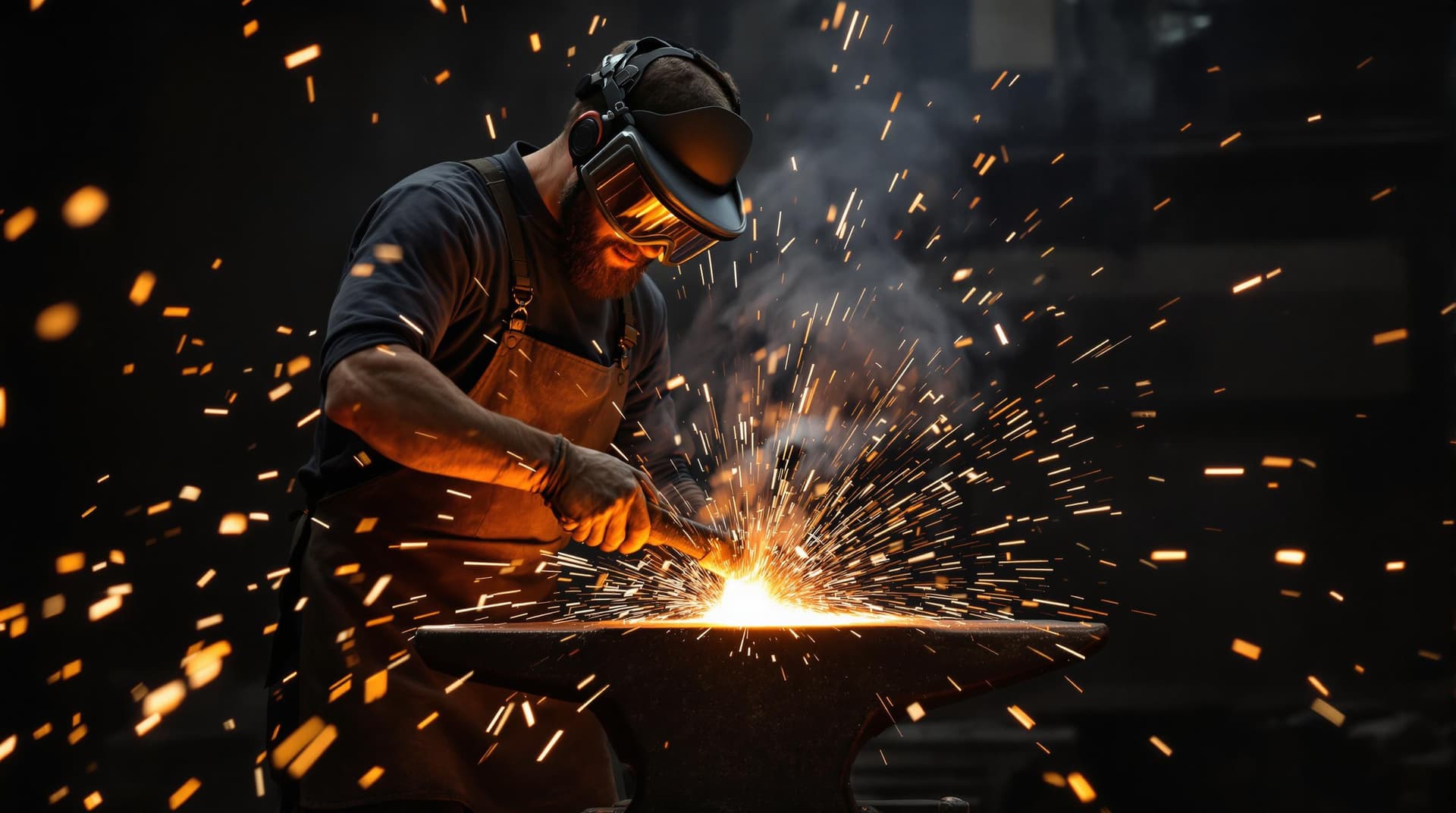AI generated: Photo of a blacksmith at work, hammering a piece of hot metal on an anvil, sparks flying everywhere,...