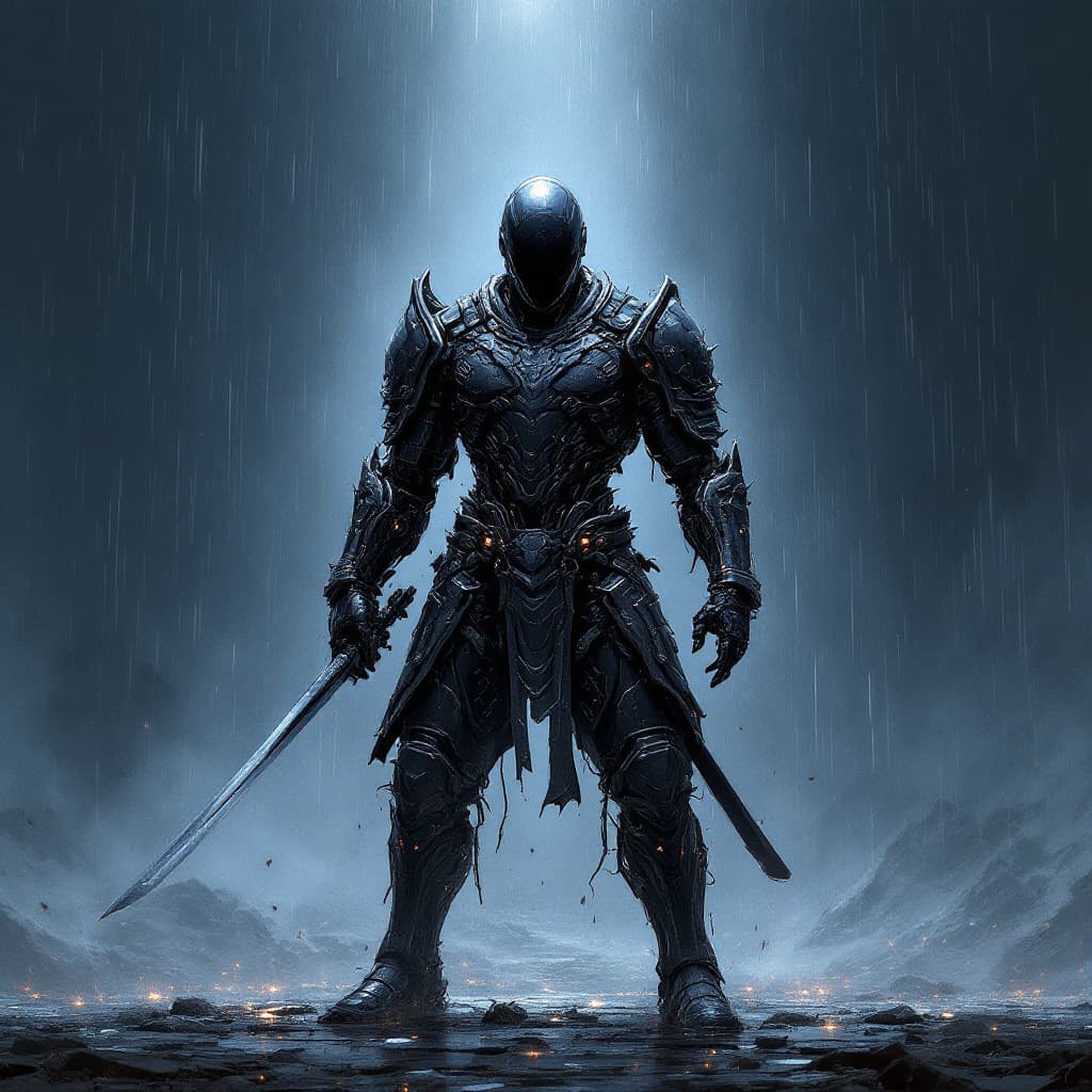 AI generated: epic digital wallpaper of a brutal cyborg samurai in black tech armor, alone, no face, intricate arm...