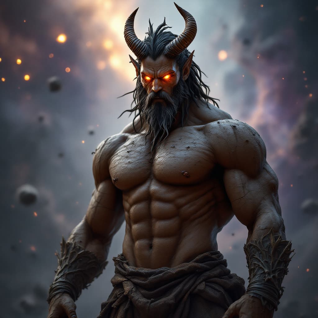 AI generated: God of Mud and Clay, full-body, Etherial, muscular, ((No mouth or hair)), Glowing Brown eyes, epic, ...