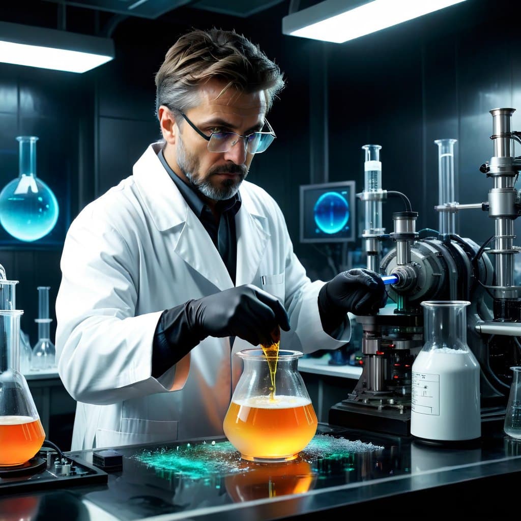 AI generated: epic realistic, scientist mixing a substance in a beaker, in a white coat, A futuristic laboratory, ...