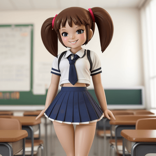 AI generated: tiny schoolgirl 3 foot tall, ultra micro skirt showing panties, realistic
 smiling