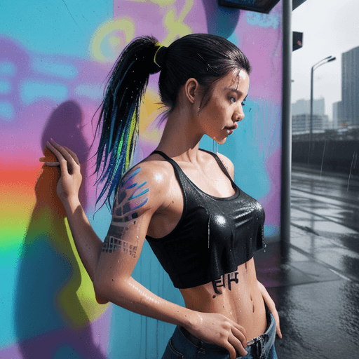 AI generated: masterpiece, concept art, centered, wide shot, front view, 1girl, wet, (rain, night) , body tattoo, ...