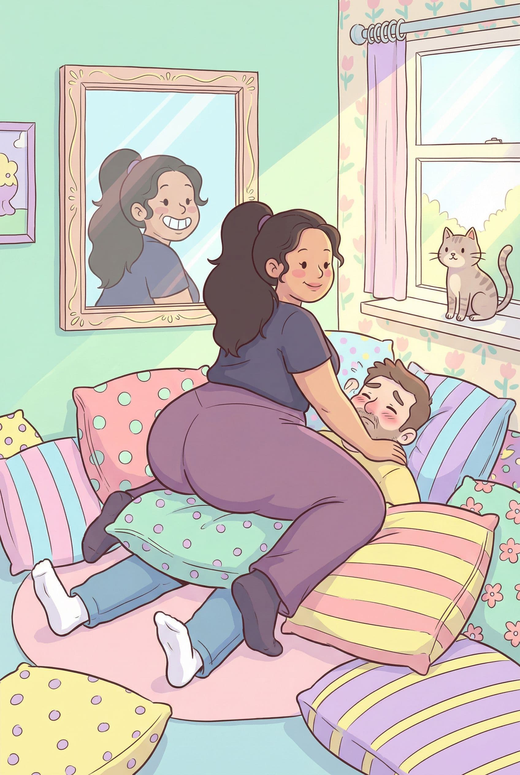 AI generated: A whimsical and humorous illustration capturing a robust woman sitting on her husband's face affecti...