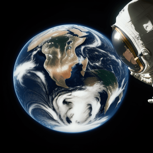 AI generated: a french astronaut looks at the earth from the moon and wonders, he holds the earth in his hands