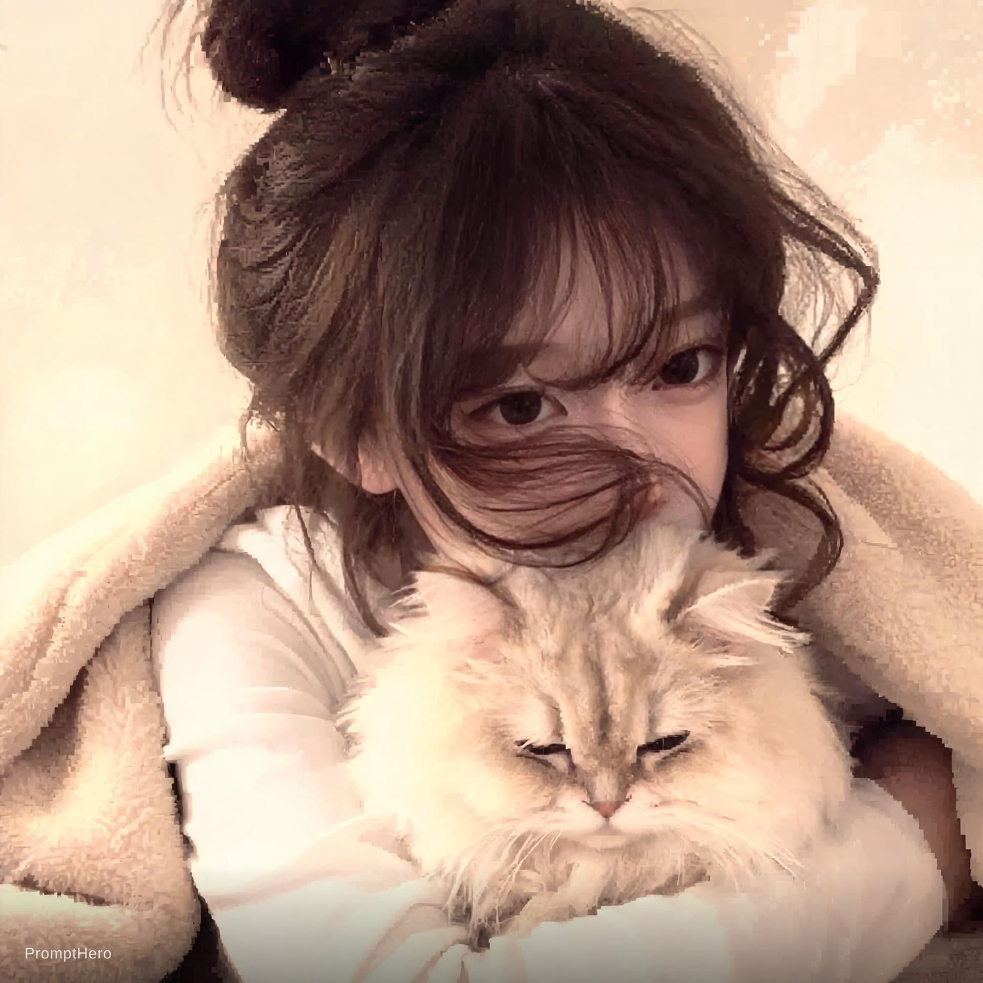 AI generated: Vintage melancholic vibe, phone camera style, super low resolution, close-up face shot, warm Japanes...