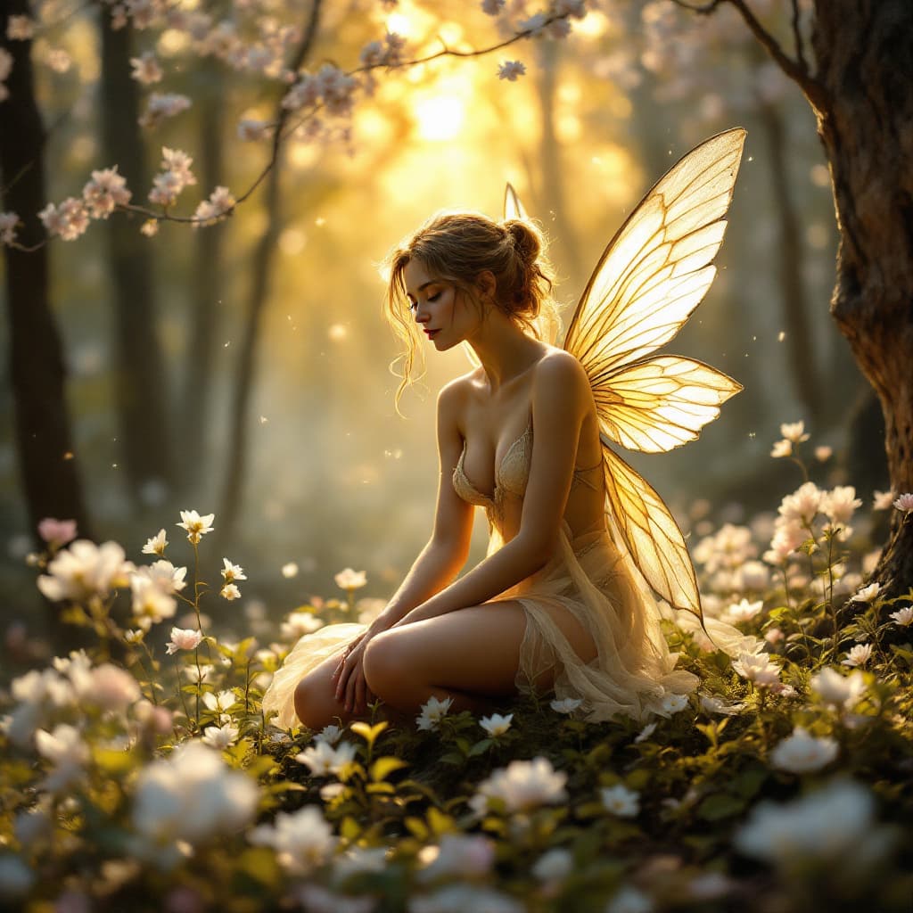 AI generated: A fairy, in Frank Frazetta style, sittning in a clearing in the forest. She is surrounded by blossom...