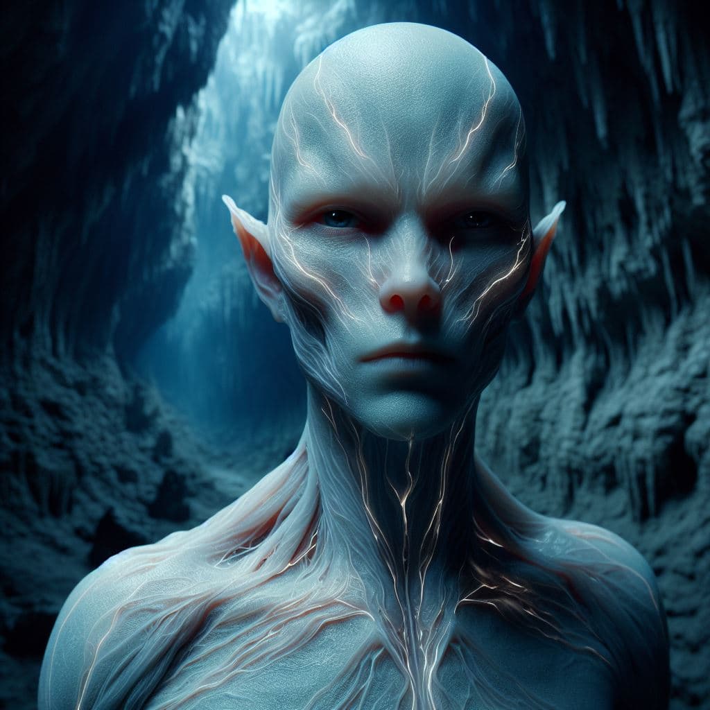 AI generated: A subterranean being, adapted to life in the depths of the Earth. Their skin is pale and translucent...