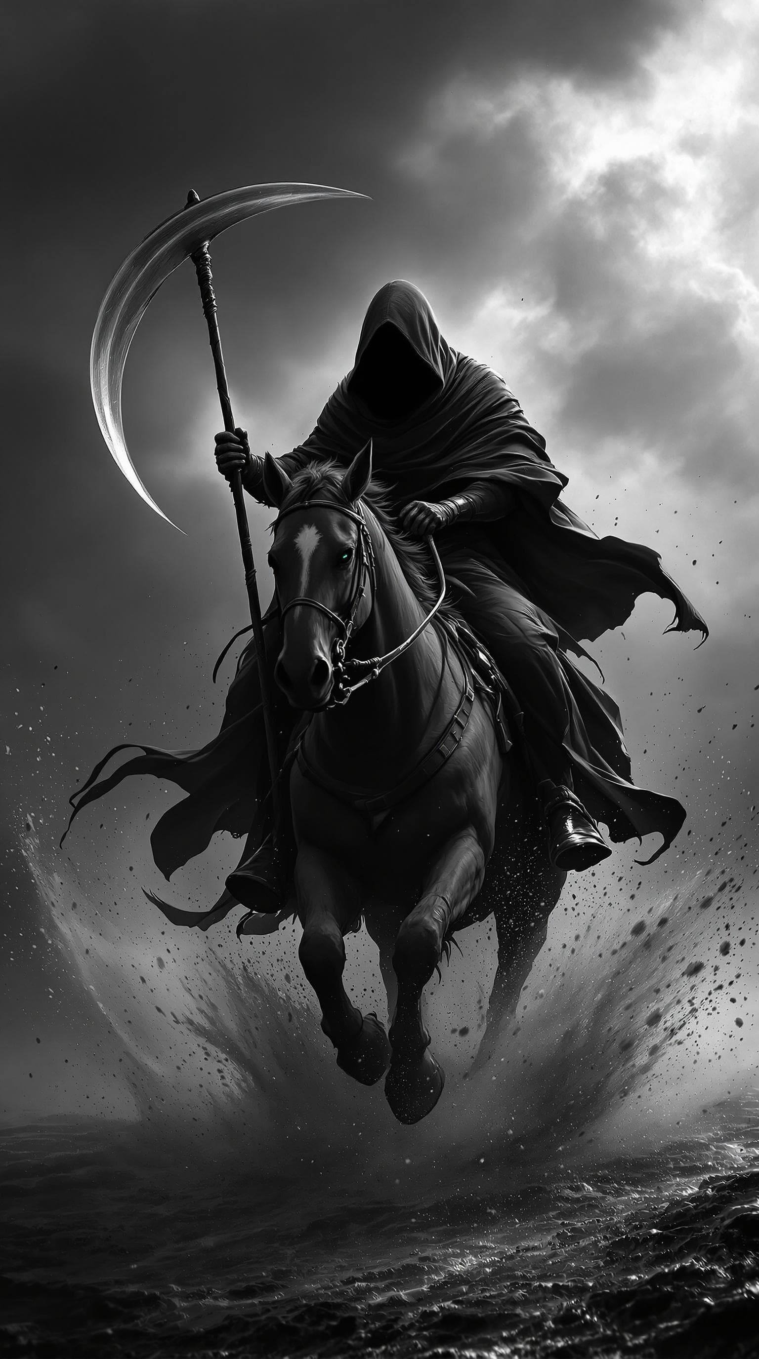 AI generated: The image depicts a dark and dramatic scene of a cloaked figure holding a scythe riding a horse, set...