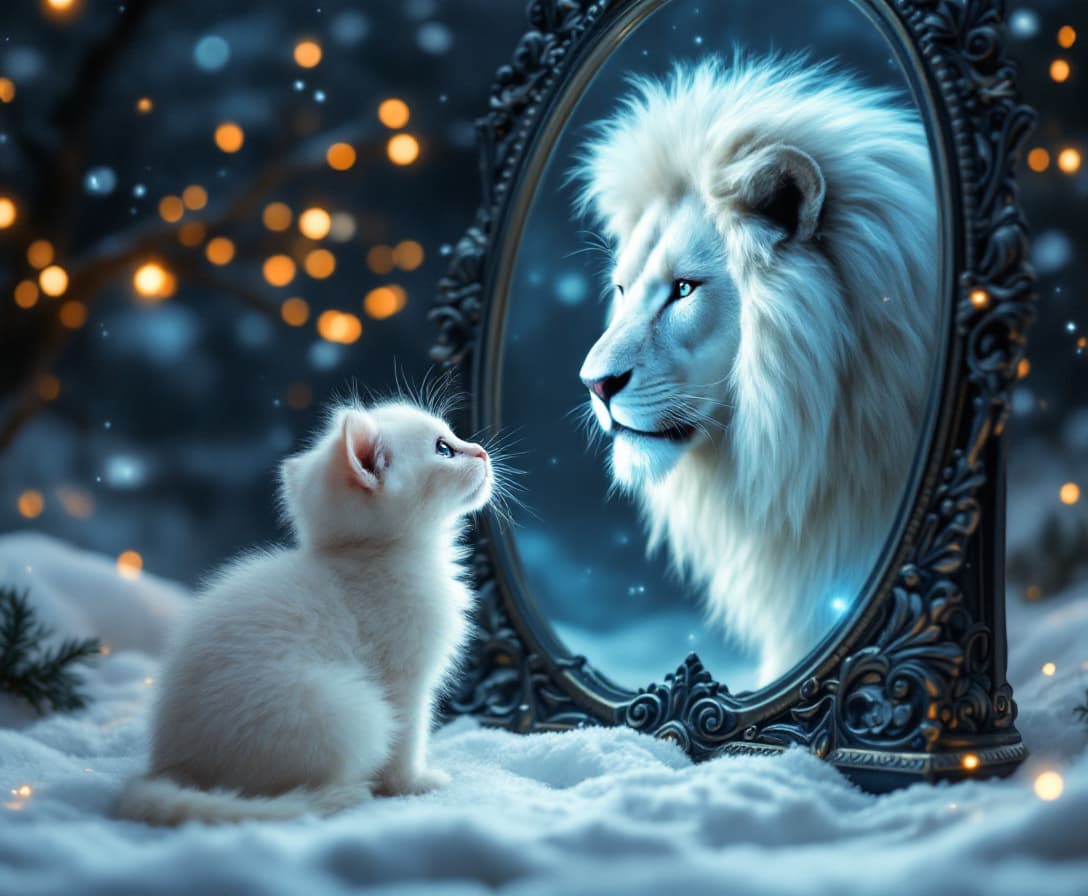 AI generated:  A real photo of a small white kitten sitting on a snowy ground. The kitten is gazing up at a large,...