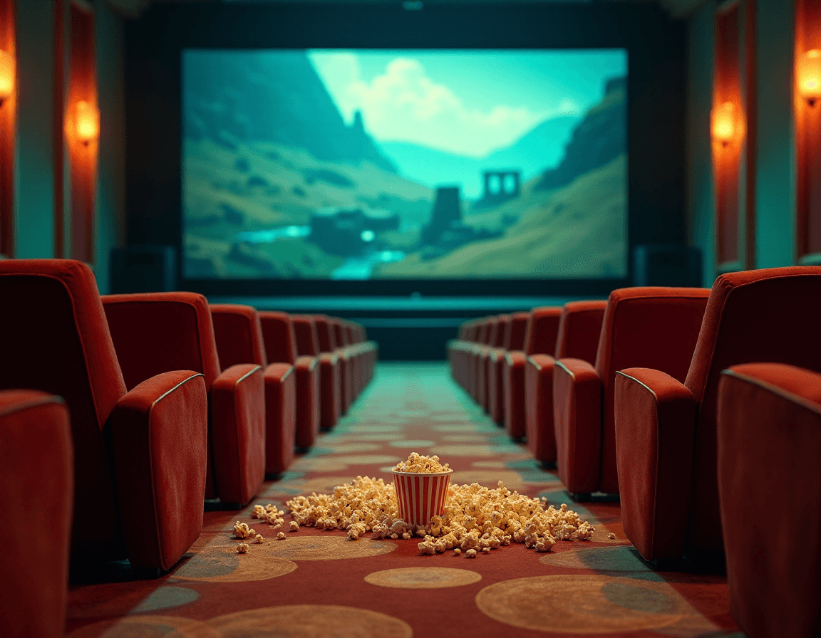 AI generated: Landscape, theater setting, plush seating, ambient lighting, popcorn spilled, circular patterns on c...