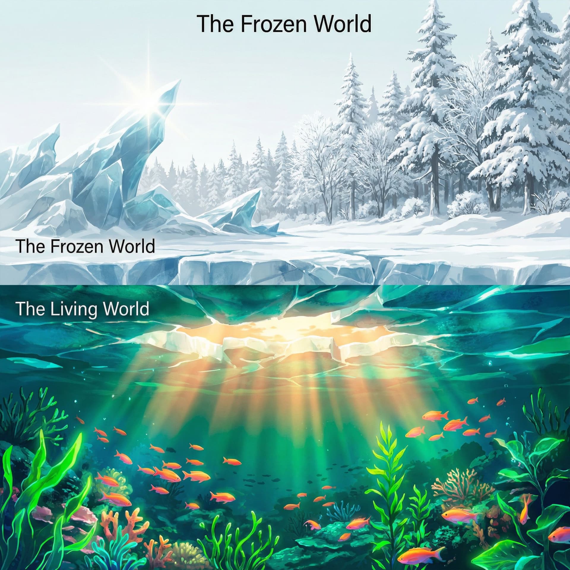 AI generated: Split view, 50/50 cross-section, half underwater half above water. TOP HALF [The Frozen World]: Blin...