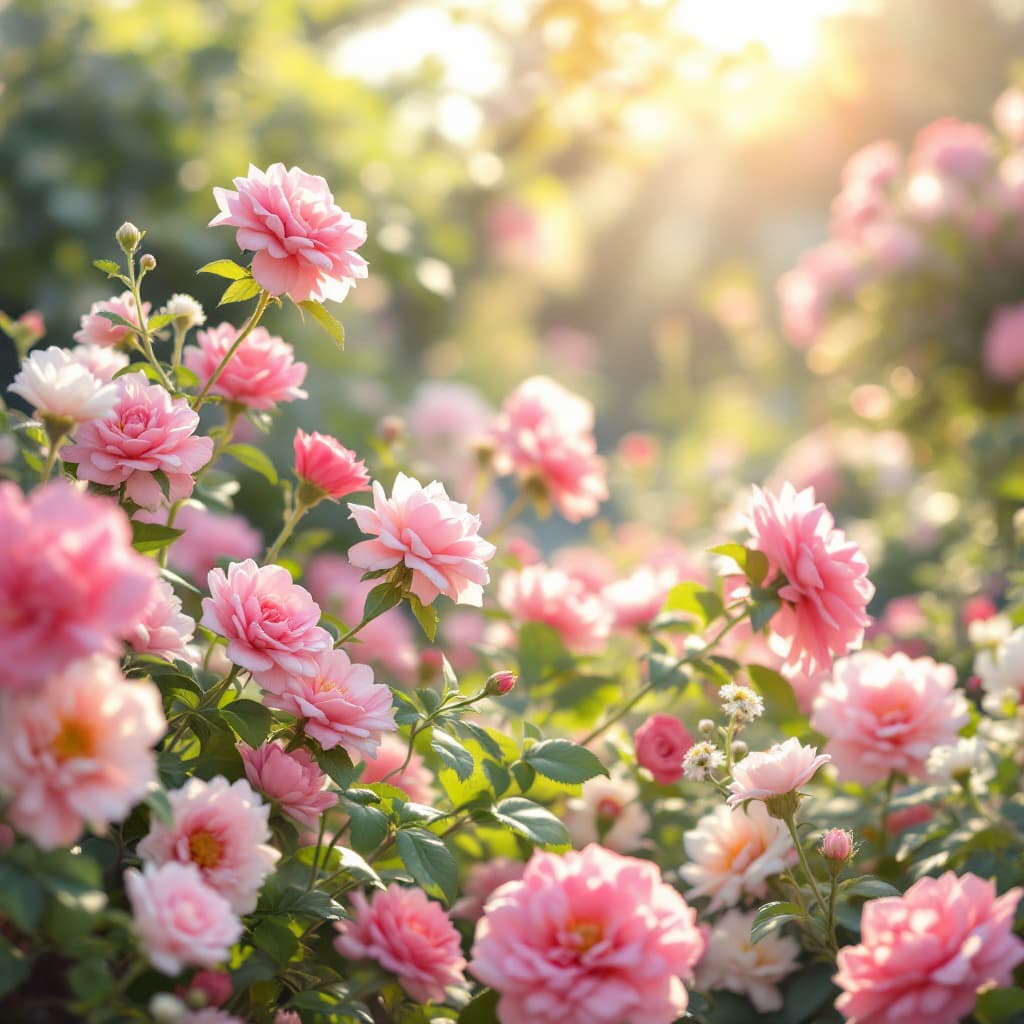 AI generated: Un jardín sereno al amanecer, la belleza de las flores, con delicados pétalos de baile rosado y blan...