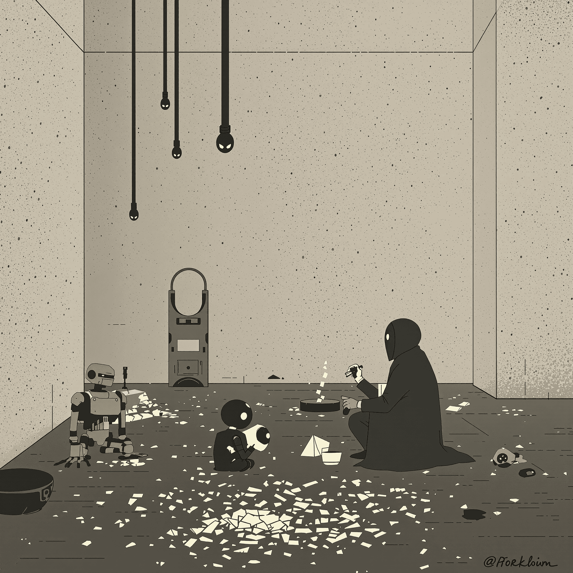 AI generated: Minimalist sci-fi scene depicting a bleak future. Everything is lost. Memories and our souls are gra...