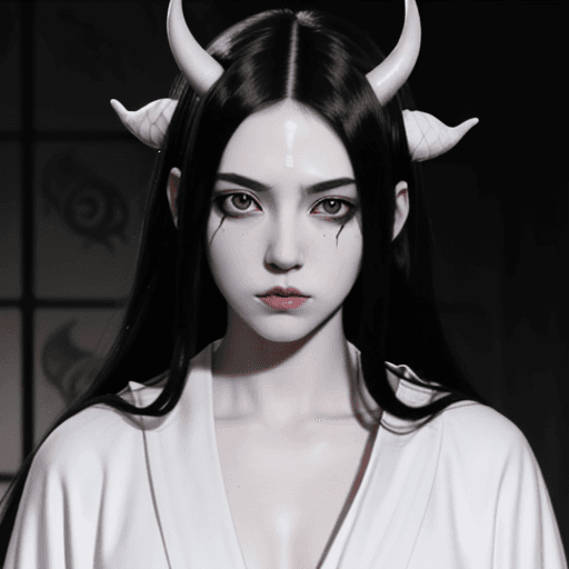 AI generated: Androgynous character, portrait, black eyes, long hair, black hair, parted hair, demon horns, white ...