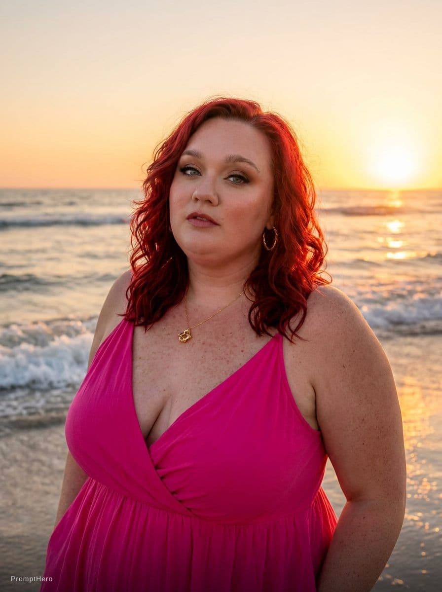 AI generated: Hot curvy redhead on beach in pink dress at sunset. Blue green eyes. Sultry look. 