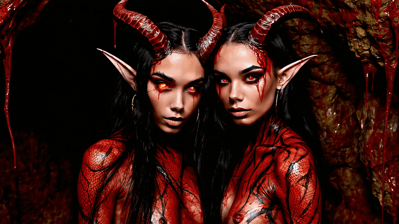 AI generated: Photoshoot book cover, full body shot, bottom view, low angle of two young beautiful women (Succubus...