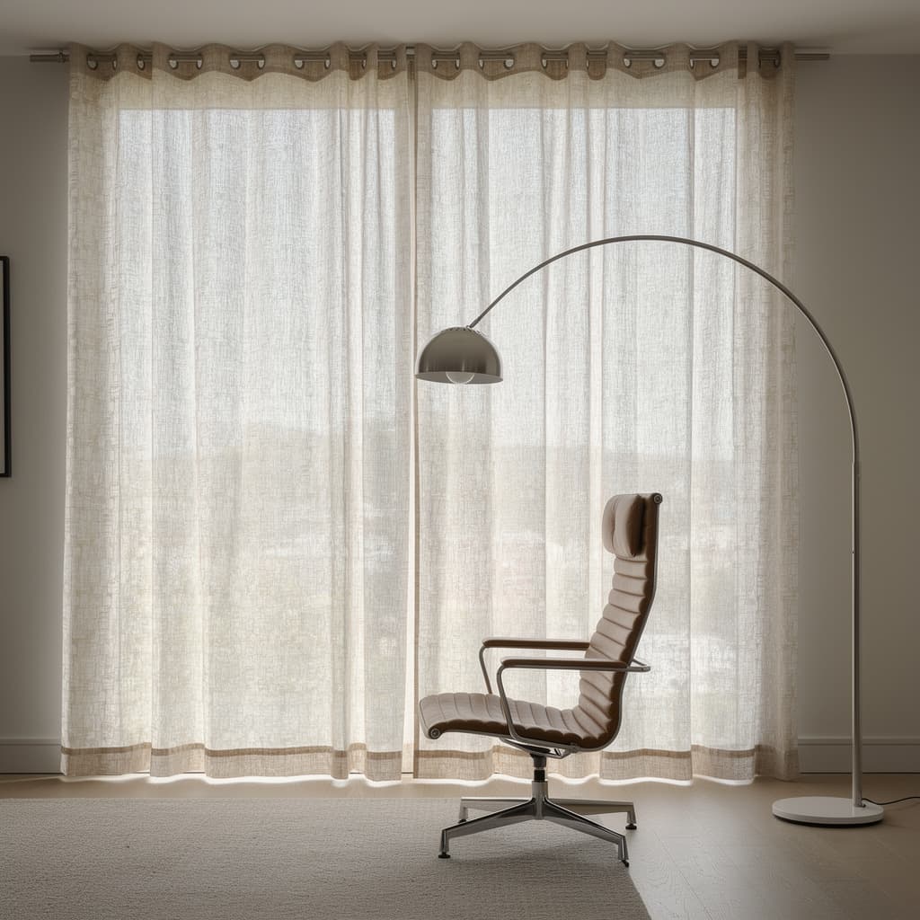 AI generated: mid-sized living room with a candid angle, dieter rams 620 chair program, flos arco floor lamp, Niko...
