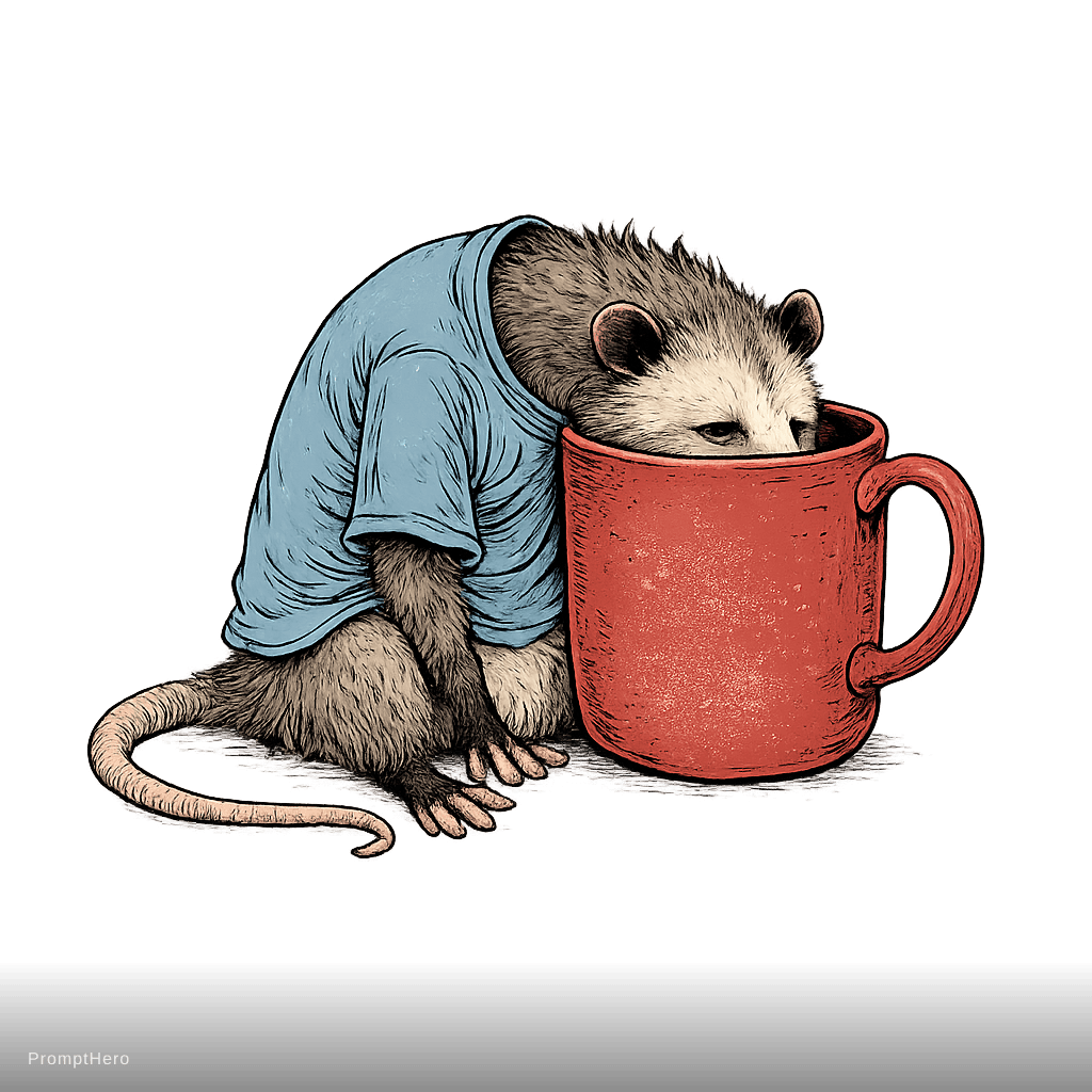 AI generated: funny exhausted opossum character with head inside coffee mug, anatomically correct opossum proporti...