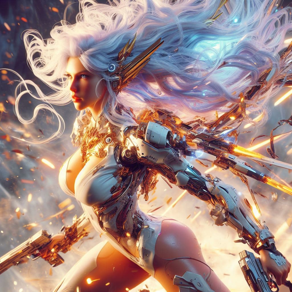 AI generated: photorealistic, detailed flying hair, urbanpunk, more colorful, pretty woman at war, seductive, perf...