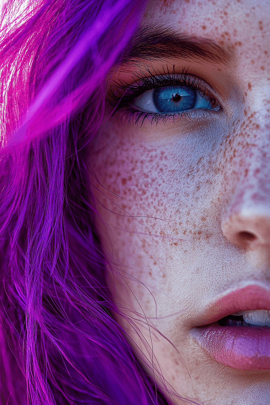 AI generated: A close-up portrait of a woman with vibrant purple hair, in the style of Andy Warhol and Richard Ave...