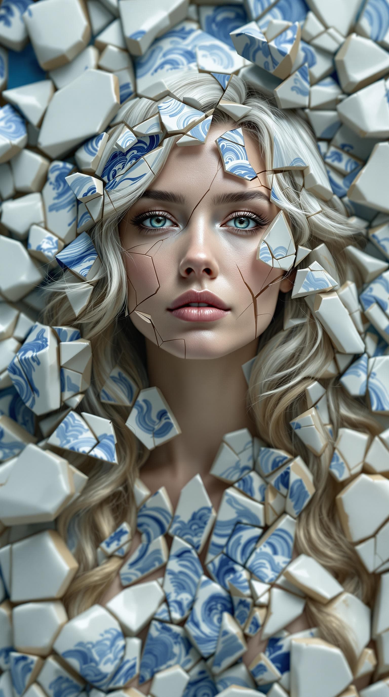 AI generated: A middle-aged woman of Caucasian descent, her long wavy honey blonde hair streaked with silver, ligh...