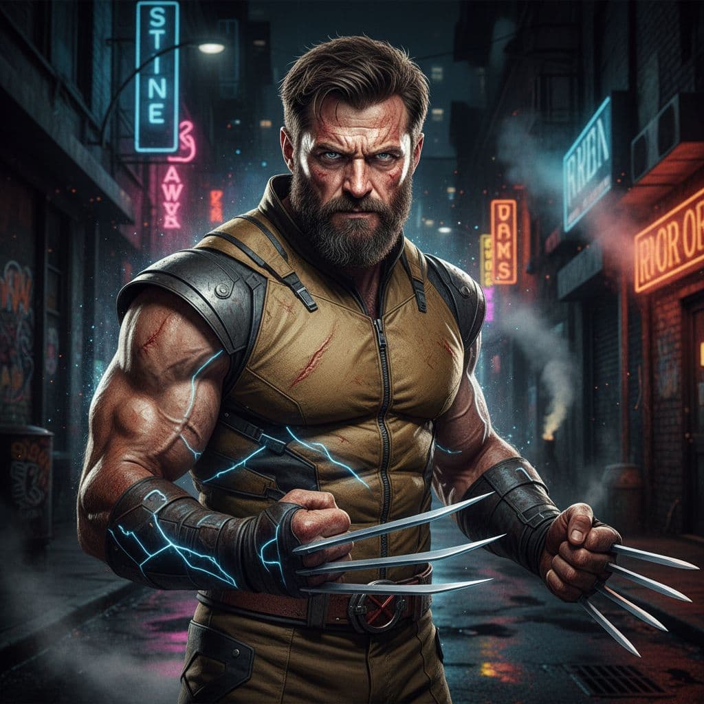 AI generated: Hyper-realistic digital portrait of Logan, known as Wolverine, rendered with Dan Hipp's trademark bl...