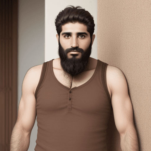 AI generated: A bearded Spanish and Arabic 35 year old male with brown eyes sleeveless shirt