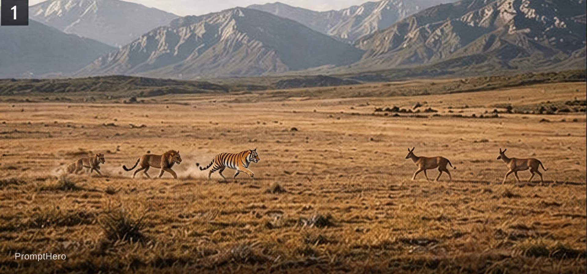 AI generated: SHOT: Extreme Long Shot (ELS)

ACTION/DIRECTION:

In the vast wilderness, two lions and three tigers...