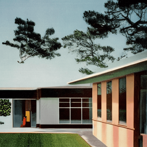 AI generated: Hyper realistic eye level exterior photo of a mid century modern style house overlooking the ocean, ...