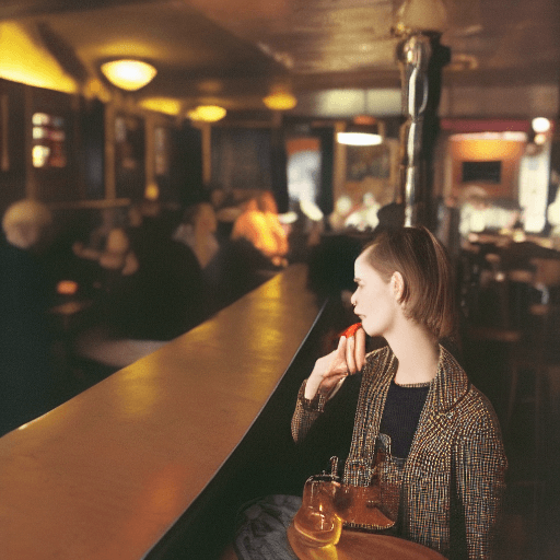 AI generated: At a bar there's a pretty lady sitting wearing a black sweater and a checkered mini skirt, volumetri...