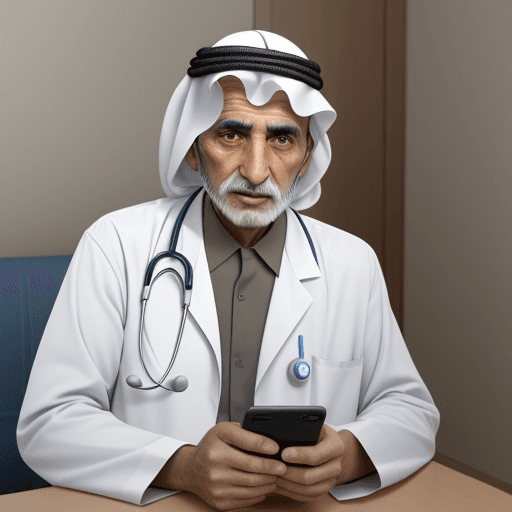 AI generated: An old arab male in a video call with a male arab doctor on a mobile phone