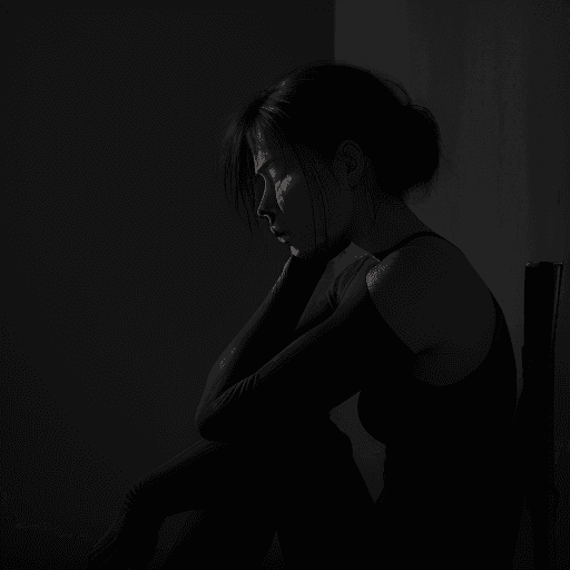AI generated: A woman sits, staring into space, her shoulders hunched. Her face is closed, reflecting deep fatigue...