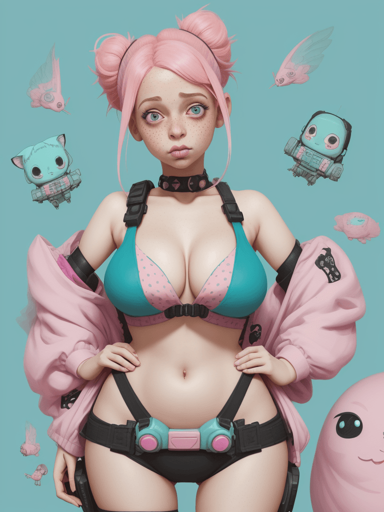 AI generated: An illustration of a quirky girl with pink hair, (saaniya), looking surprised,  (((cleavage))), wide...