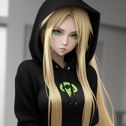 AI generated:  anime hot long blonde hair green eyes waifu in modern black hoodie big chested