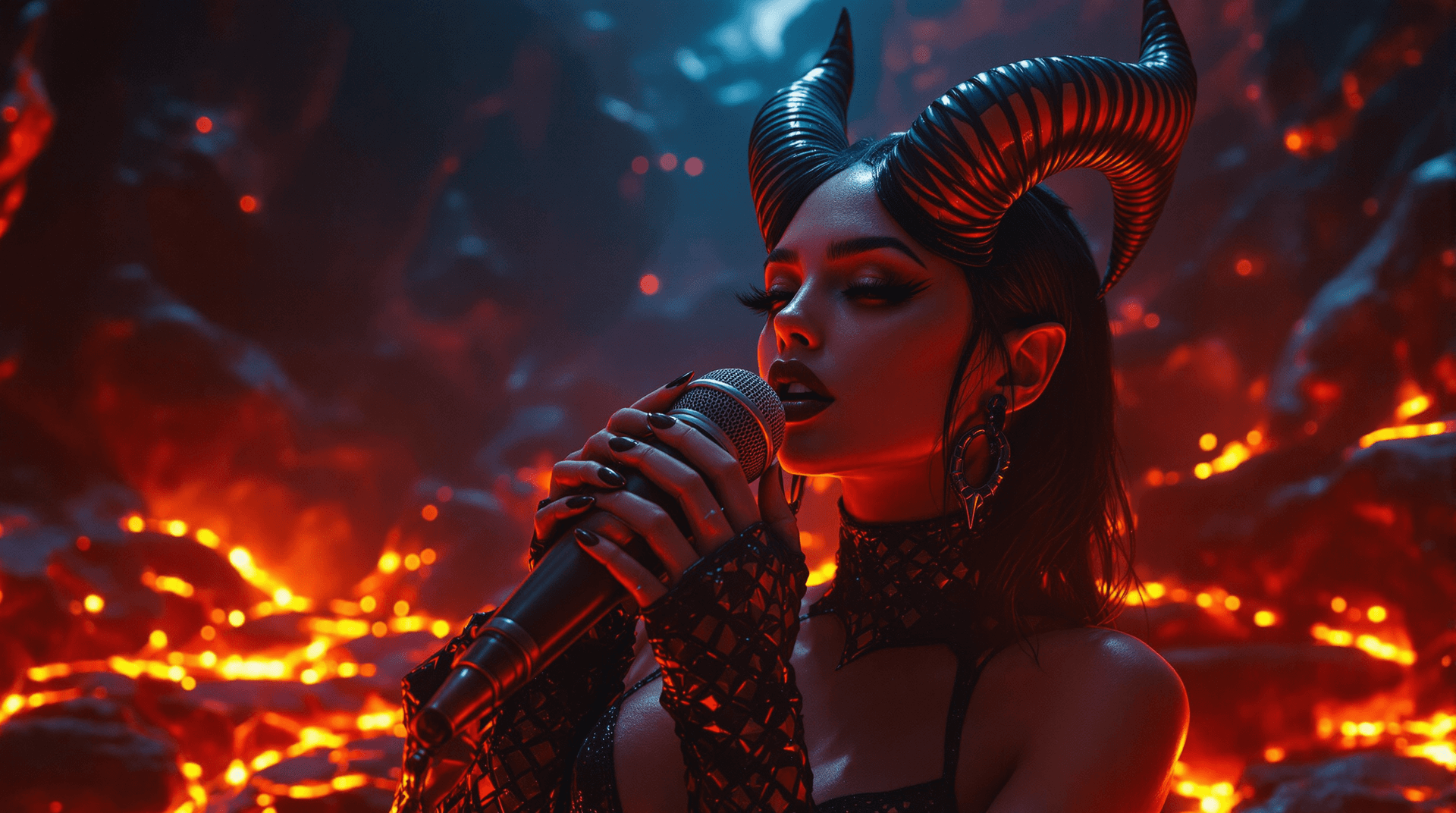 AI generated: extreme close-up right angle portrait the mouth of a female (Lilith) red demon, bathed in a warm, go...